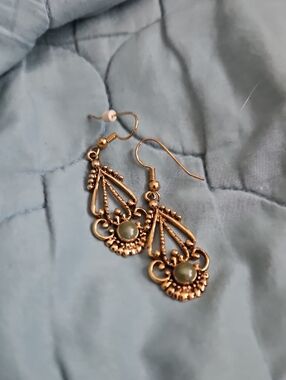 Gold-Tone Filigree Drop Earrings with Green Stone Accent